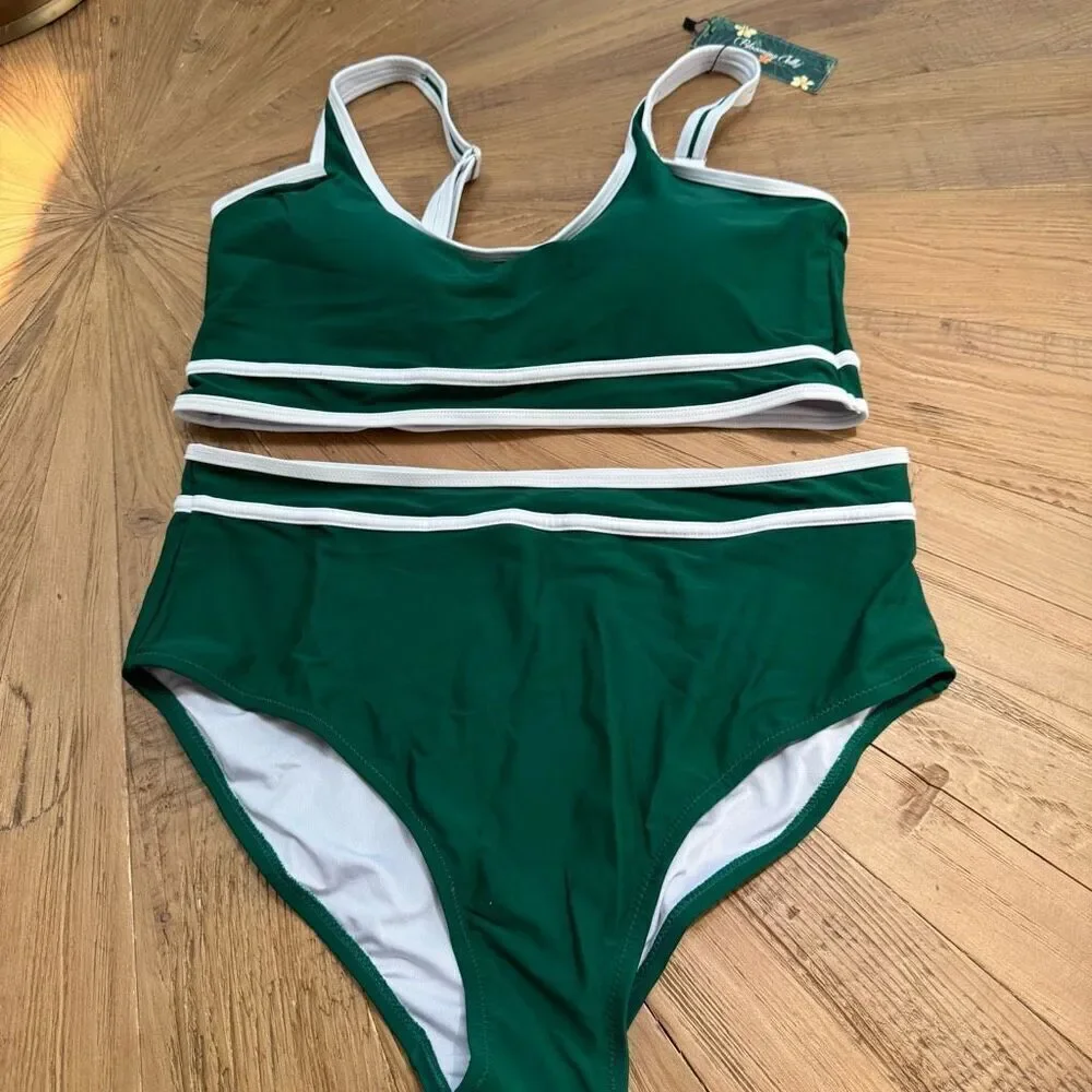 Green High-Waist Two-Piece Swim Set with White Trim